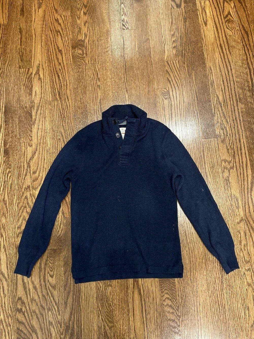 Relwen Men’s Small Navy Piqué Knit Button Mock Neck Wool Blend Sweater